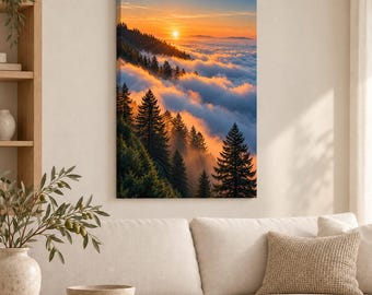 May include: A vertical rectangular canvas wall art print depicting a mountain landscape at sunset. The scene features dark green pine trees silhouetted against a bright orange sky, with a thick layer of clouds filling the valley below the sun.