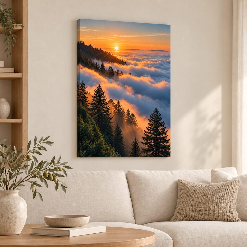 May include: A vertical rectangular canvas wall art print depicting a mountain landscape at sunset. The scene features dark green pine trees silhouetted against a bright orange sky, with a thick layer of clouds filling the valley below the sun.