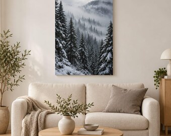 May include: A vertical wall art print depicting a dense forest of snow-covered evergreen trees on a mountainside. The scene is shrouded in thick, low-hanging fog and mist, creating a monochromatic palette of deep greys, whites, and blacks.