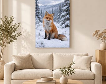 May include: A rectangular wall art print featuring a vibrant red fox sitting in a snowy forest landscape. The fox has a thick orange coat with white chest fur and black legs. The background shows snow-covered pine trees and distant mountains.