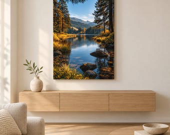May include: A vertical wall art print depicting a serene mountain lake landscape during autumn. The scene features calm blue water reflecting the sky, surrounded by dense evergreen trees with golden foliage, rocky shorelines, and distant mountains.
