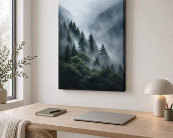 May include: A rectangular canvas wall art print featuring a vertical landscape of a dense forest covered in thick, grey fog. Tall evergreen trees emerge from the mist, with dark green foliage in the foreground and muted, hazy mountain slopes.
