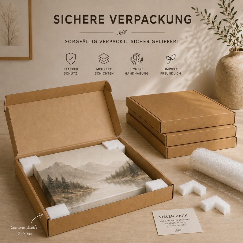 May include: A brown cardboard shipping box containing a canvas print of a mountain landscape with trees and a lake. The box includes white foam corner protectors, a thank you note, and text stating "SICHERE VERPACKUNG" and "2-3 cm".