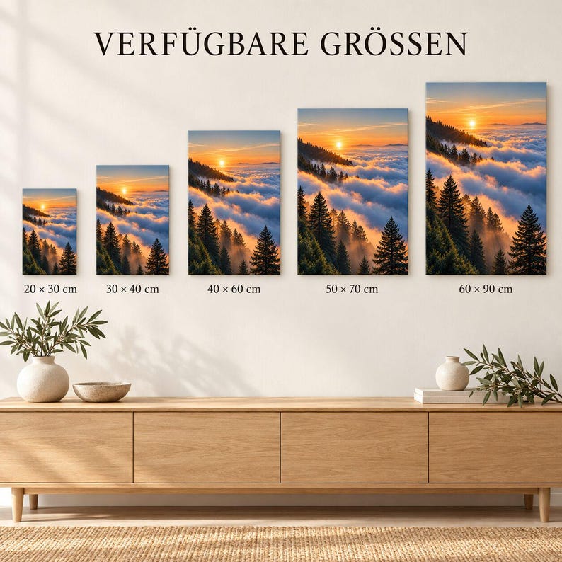 May include: Five rectangular wall art prints featuring a sunset over a forest and clouds, arranged by size from 20x30 cm to 60x90 cm. The text VERF&Uuml;GBARE GR&Ouml;SSEN appears above the prints, with specific metric dimensions listed below each individual piece.