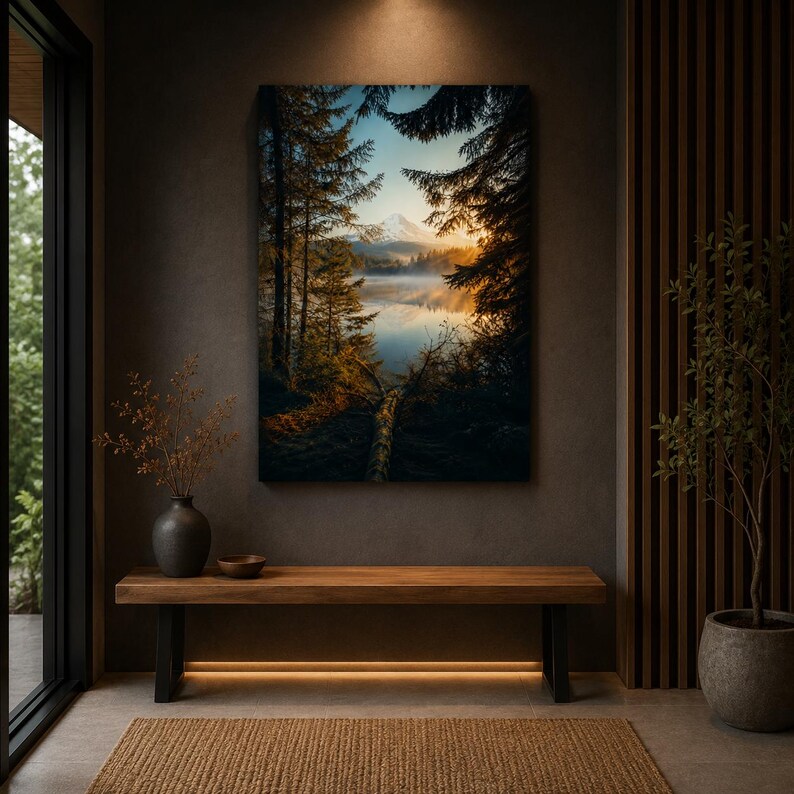 May include: A rectangular wall art print featuring a landscape of a calm lake surrounded by dark pine trees, with a snow-capped mountain in the distance under a golden sunrise sky, displayed above a long wooden bench in a room.