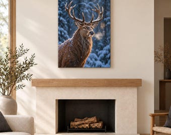 May include: A rectangular wall art print featuring a brown stag with large antlers standing in a snowy forest. The deer is captured in profile, with visible breath vapor and light snowfall against a backdrop of dark, snow-covered pine trees.