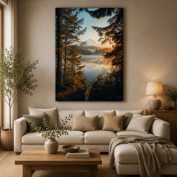 Leinwandbild Bergsee im Wald – Natur Wandbild mit Berglandschaft – Moderne Wohnzimmer Deko – Premium Canvas – Fertig zum Aufhängen
