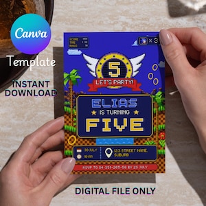 Retro Pixel Game Invitation, Editable Blue Speedster Party Invite, 16-Bit Arcade Printable Template