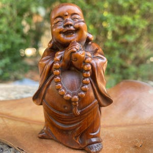 Natural wood carved Maitreya Buddha rosary,Mini Wood Carved Happy Buddha Statue ,Lucky Buddha Decor for Home Desk, Feng Shui Wealth Ornament