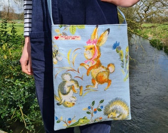 Extra special - Vintage barkcloth fabric mini messenger bag - Gallivant bunnies