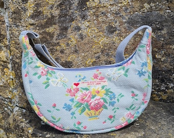 Vintage barkcloth fabric half moon cross body bag - grey floral