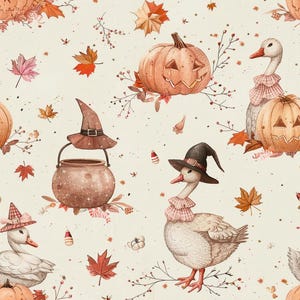 May include: A repeating pattern on a cream background featuring white geese wearing pink gingham collars and black witch hats, orange jack-o'-lanterns, brown cauldrons with witch hats, and scattered autumn maple leaves in shades of red and orange.