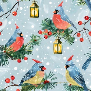 May include: A seamless pattern featuring red and blue cardinals perched on green pine branches with red berries and glowing yellow lanterns against a light blue background with white falling snow dots throughout the entire illustration.