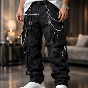 Men's Techwear Cargo Pants Tactical Streetwear Trousers Black Multi Pocket Buckle Strap Chain Joggers.