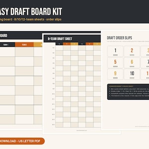 Printbare set voor een Fantasy Football draftbord | Wanddraftbord met 8, 10 of 12 team draftformulieren en bestelformulieren | Draftfeest 2026 | Directe PDF