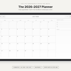 May include: A digital landscape planner for the Remarkable Paper Pro Move, titled The 2026-2027 Planner. The screen displays a July 2026 calendar grid with a monthly focus section, notes area, and navigation buttons for home, year, and month selection.
