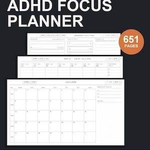 Può includere: Un pianificatore digitale ADHD per Remarkable Paper Pro da 651 pagine, con layout datati 2026-2027, caselle temporali e un sistema di attività top 3. Il display mostra un calendario mensile per luglio 2026, una vista settimanale e una giornaliera.