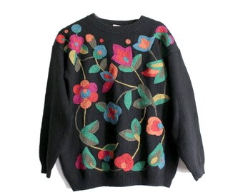 René Derhy Floral embroidered wool Sweater / 1980s wool embroidered flowers Pull over/ Vintage sweater