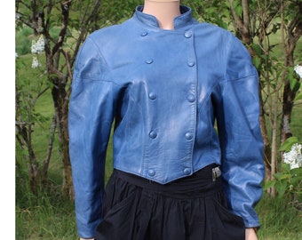 1980s french leather crop  jacket , slate blue , bat sleeves, double breasted