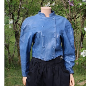 Chaqueta de cuero francés de la década de 1980, azul pizarra, mangas de murciélago, doble pecho
