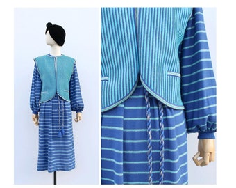 1970s Yves Saint Laurent blue stripes lisle dress set with gold lurex /1970 YSL dress / blue and gold lurex knit lisle dress