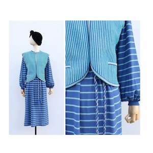 1970s Yves Saint Laurent blue stripes lisle dress set with gold lurex /1970 YSL dress / blue and gold lurex knit lisle dress