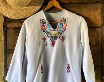 1970s embroidered folk blouse ,long sleeves ,  white cotton, small