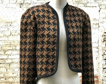 90s brown houndstooth pure wool jacket /  collarless vintage jacket