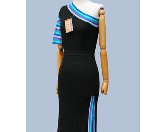 1970s Yves Saint Laurent Tricot corrugated knitted one shoulder Dress / 70s YSL Dress/ 1970 Disco Dress