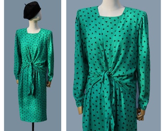 Robe imprimée verte Guy Laroche Paris des années 1980, manches longues / robe de créateur Paris des années 80