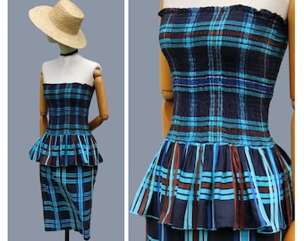 1980s Anastasia François Viannay sleeveless blue madras sun dress /  1980s Paris designer dress / 80s peplum pencil sundress