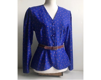1980s Christine Laure Paris peplum blouse / purple print peplum long sleeves blouse /  nipped waist blouse