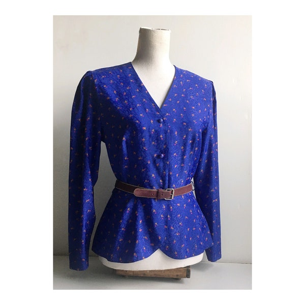 1980s Christine Laure Paris peplum blouse / purple print peplum long sleeves blouse /  nipped waist blouse