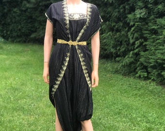 1970s black and gold lurex jumpsuit / 1970s indian summer dress jumpsuit sarouel