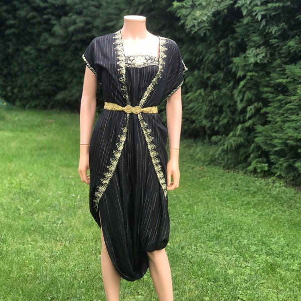 1970s black and gold lurex jumpsuit / 1970s indian summer dress jumpsuit sarouel