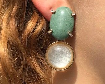 Boucles d’oreilles clip vintage /  vert et transparent / 1990s Earrings clips