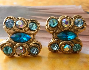 90s Earrings clips gold and blue rhinestones / vintage clips earrings baroque