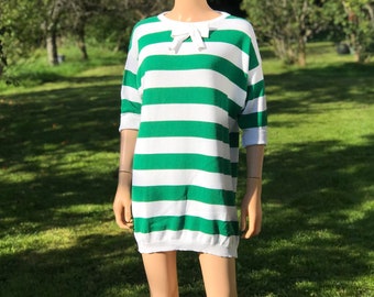 1980s green striped long sweater or mini dress , Lasserre Paris , made in Italy , size medium
