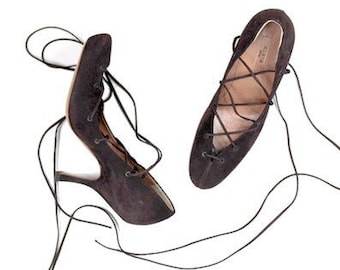 Vintage Azzedine Alaia Paris  brown suede lace up heels us6 fr37 made in italy / Alaia vintage shoes