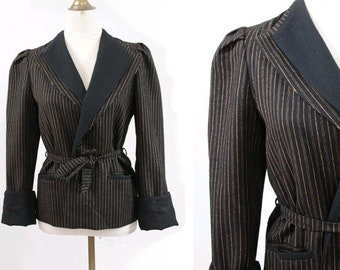1980s Belted Blazer  / striped wool belted jacket