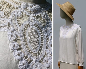 1910s lace ivory silk blouse / french antique silk top/ 1900s french blouse