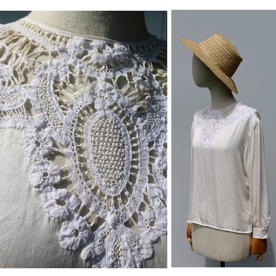 1910s lace ivory silk blouse / french antique silk