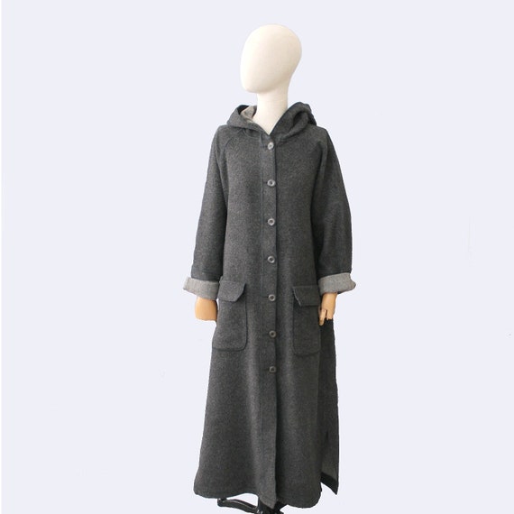 1980s oversized grey wool long hooded Coat Naf Naf