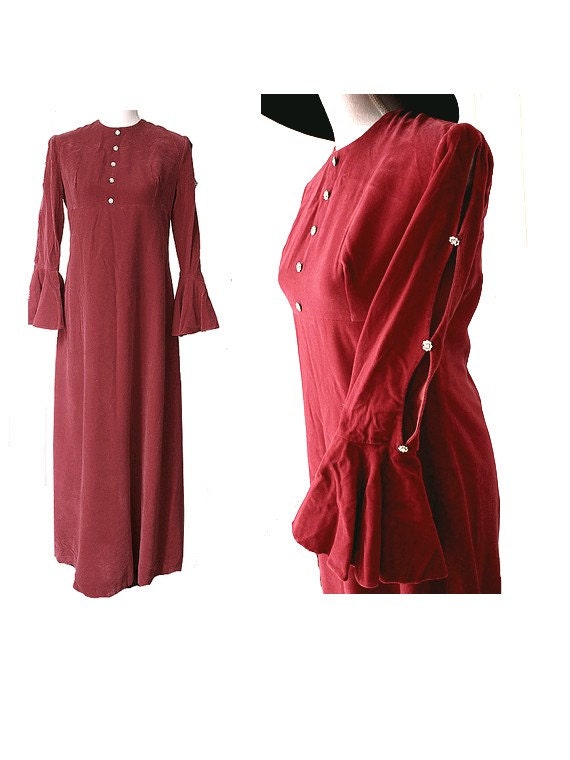 1960 Velvet raspberry long dress bell sleeves & r