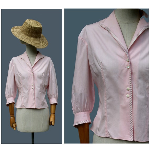 1950s french nipped cotton blouse / 50s pink cotto