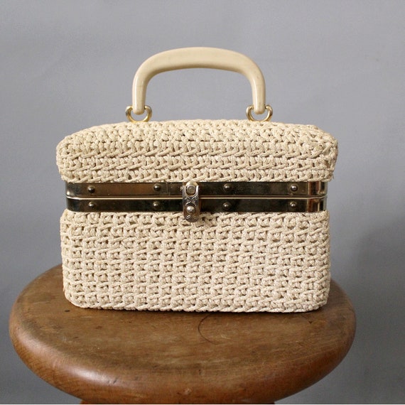 1960 french crochet box handbag / 60s box purse be