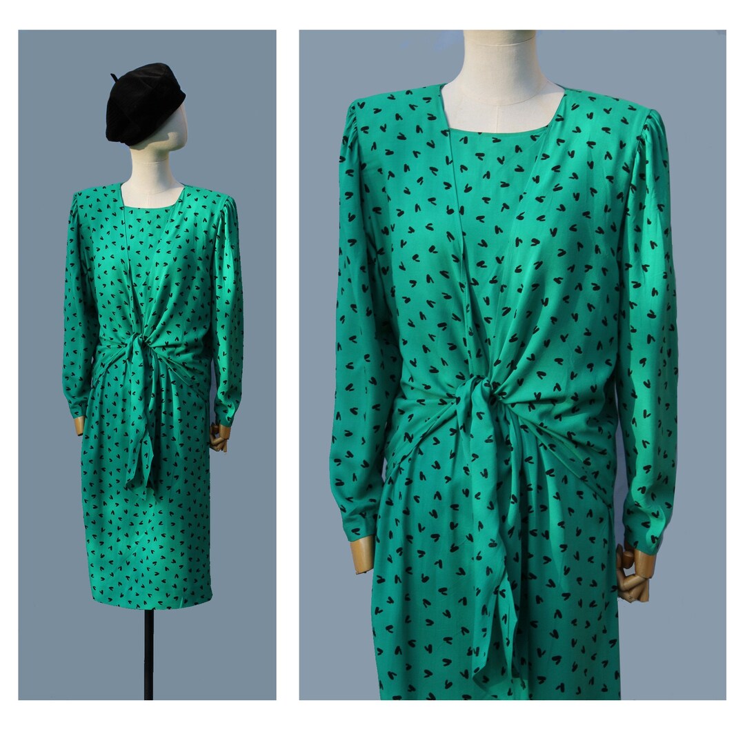 1980s Guy Laroche Paris Green Printed Dress , Long Sleeves / 80s Paris ...