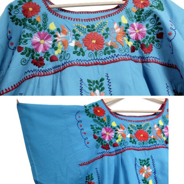 1970 bordado vestido mexicano años 70 azul vestido mexicano