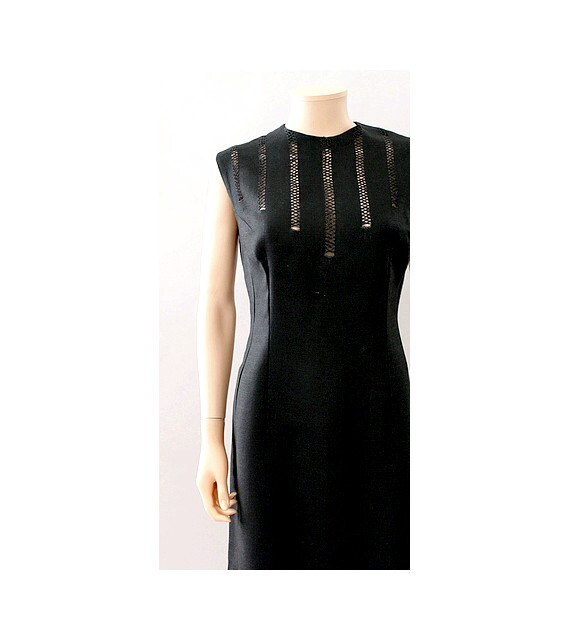 1950 black linen sleeveless Dress / 50s black open