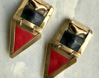 1980s Earrings brass and leather clips Commedia dell’arte theme / triangle pendant Mask Earrings